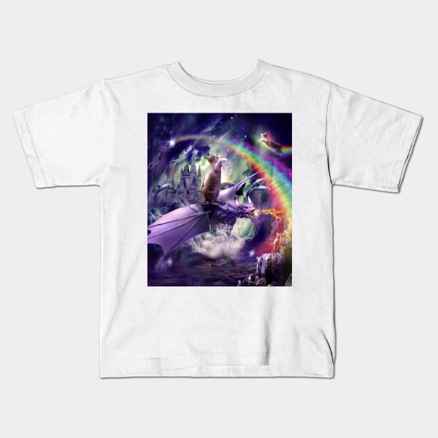 Rainbow Space Cat On Dragon Kids T-Shirt by Random Galaxy